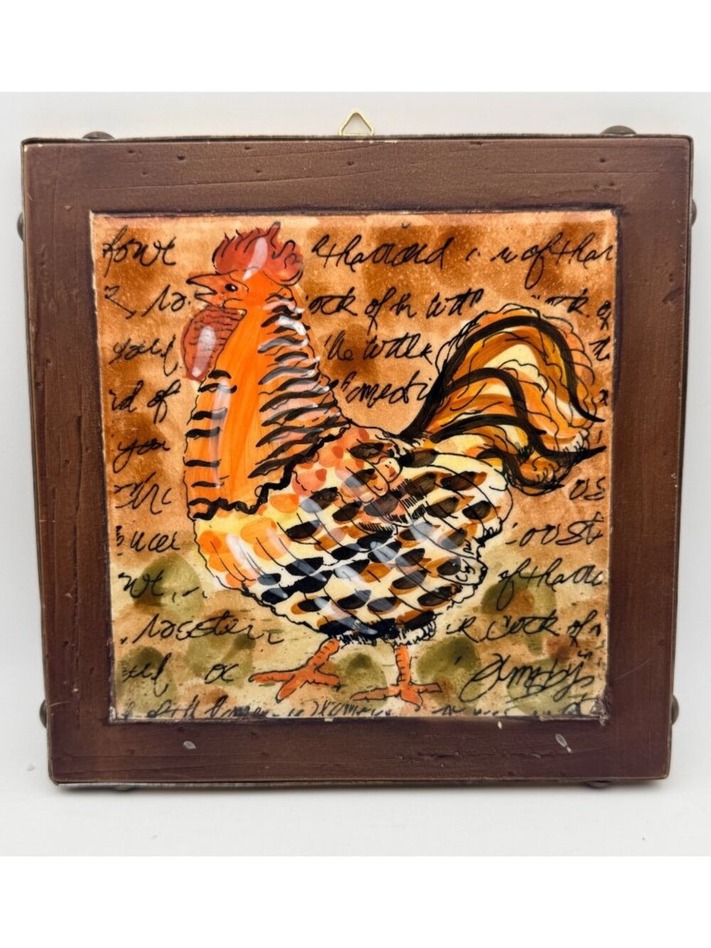 Rooster Tile Trivet Or Wall Decor 8" Rustic Brown Frame Country Cottage Style